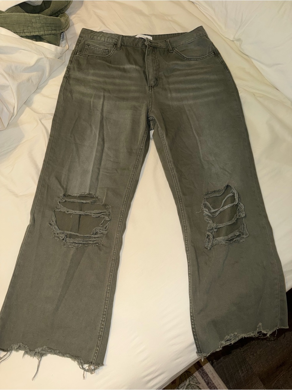 Olive Green Distressed Vervet Jeans